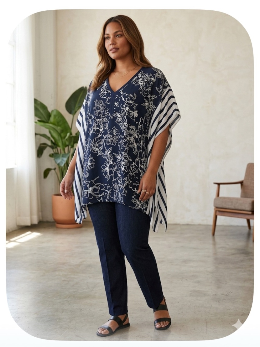 Lane Bryant Navy and White Floral Contrast LightWeight Poncho Style Top 18/20